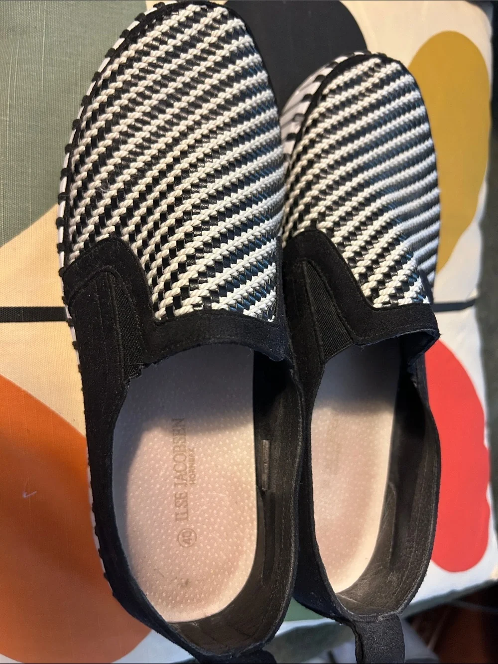 Ilse Jacobsen Black and White Woven Slip-On Platform Shoes